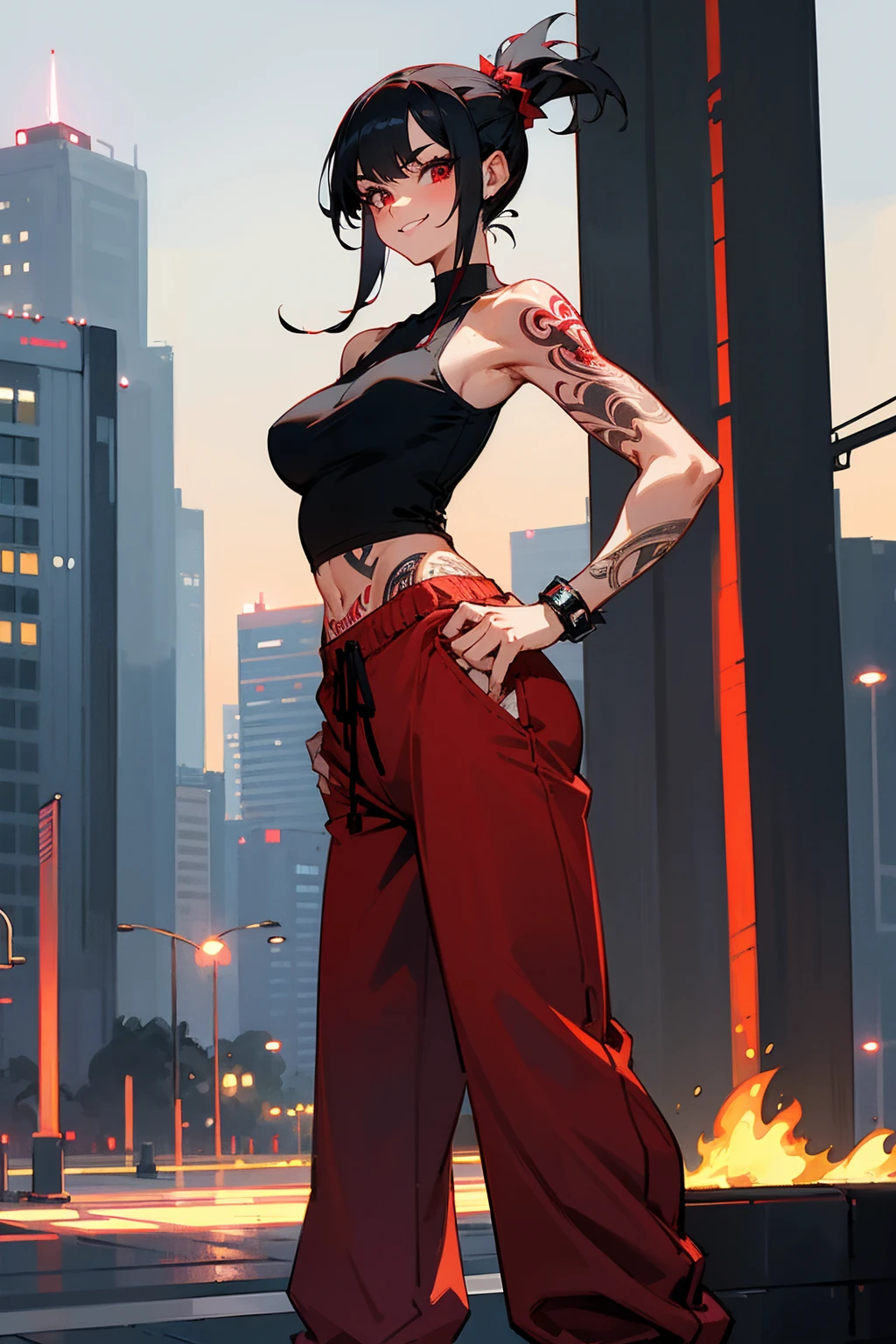 1female, black hair, spiked ponytail, red eyes, smiling, tattoos, black tanktop, red baggy pants, city background, detailed background, hands to side, standing on path