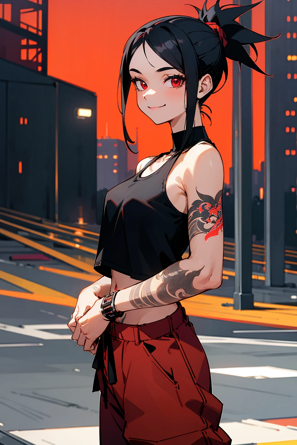 1female, black hair, spiked ponytail, red eyes, smiling, tattoos, black tanktop, red baggy pants, city background, detailed background, hands to side, standing on path