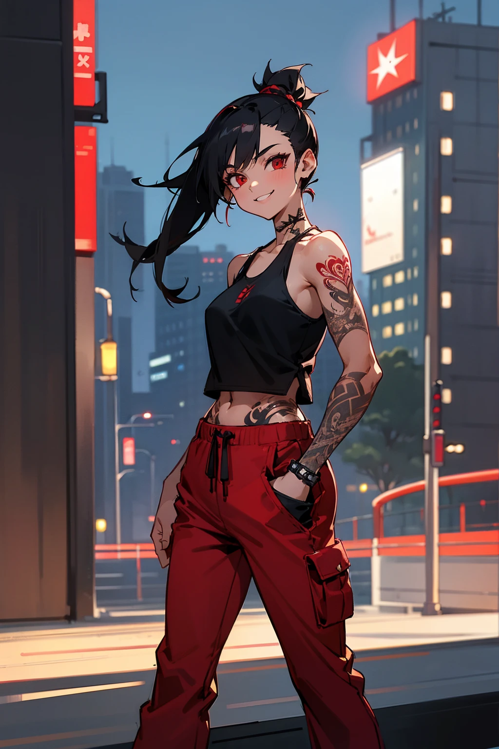 1female, black hair, spiked ponytail, red eyes, smiling, tattoos, black tanktop, red baggy pants, city background, detailed background, hands to side, standing on path