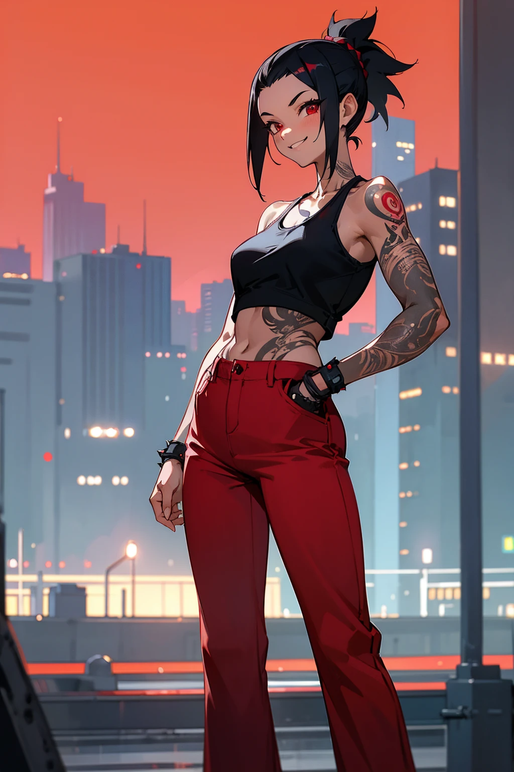 1female, black hair, spiked ponytail, red eyes, smiling, tattoos, black tanktop, red baggy pants, city background, detailed background, hands to side, standing on path