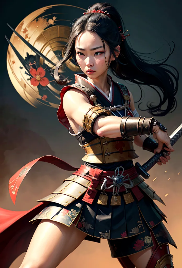a picture of Japanese female samurai, she has long black hair, wearing samurai armor, armed with a katana, ready for battle, dyn...