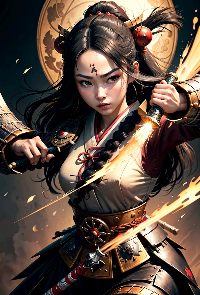 a picture of Japanese female samurai, she has long black hair, wearing samurai armor, armed with a katana, ready for battle, dynamic angle,, Japanese fantasy art, (Masterpiece: 1.5), 16k, highres, best quality, high details, ultra detailed, masterpiece, best quality, (extremely detailed), arafed, dnd art, JapaneseKatana, 