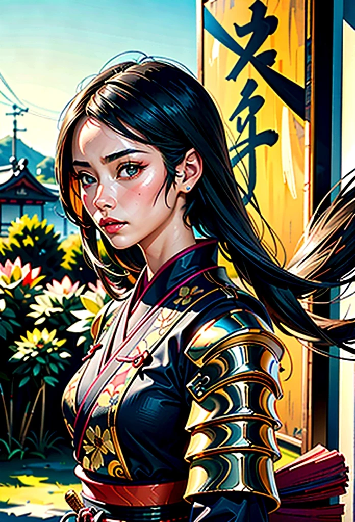 a picture of Japanese female samurai, she has long black hair, wearing samurai armor, armed with a katana, ready for battle, dynamic angle,, Japanese fantasy art, (Masterpiece: 1.5), 16k, highres, best quality, high details, ultra detailed, masterpiece, best quality, (extremely detailed), arafed, dnd art, JapaneseKatana, wtrcolor style