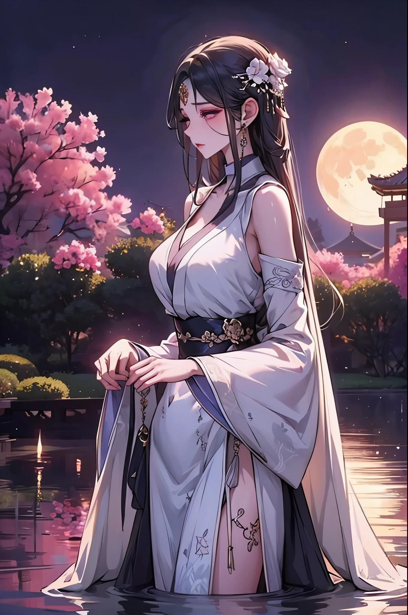 La emperatriz Jiuyou es una figura impresionante y majestuosa con largas, cabello negro suelto que brilla con un brillo místico. Sus profundos ojos violetas están llenos de sabiduría y un toque de tristeza.. Su impecable, La piel pálida le da una apariencia casi etérea..

Ella está vestida con un elegante, modesto hanfu, con mangas anchas, un cuello alto, y capas de delicado, telas de colores pastel adornadas con patrones intrincados y piedras preciosas brillantes. El Hanfu debería cubrirla completamente mientras acentúa su esbelta figura., Figura regia,Prepara el escenario en un hermoso jardín imperial bajo la luz de la luna.. El jardín está lleno de flores en flor, árboles antiguos, y un estanque tranquilo con nenúfares. Caminos de piedra serpentean a través de la exuberante vegetación., que conduce a un pabellón tradicional con tallas de madera ornamentadas. La luna arroja un suave, luz plateada sobre el jardín, creando un ambiente sereno y encantador.

La emperatriz Jiuyou se encuentra elegantemente cerca del pabellón., su elegante Hanfu fluyendo suavemente en la brisa nocturna. La escena general debe irradiar una sensación de paz y belleza natural., destacando su presencia divina y real contra el pintoresco telón de fondo del jardín imperial.