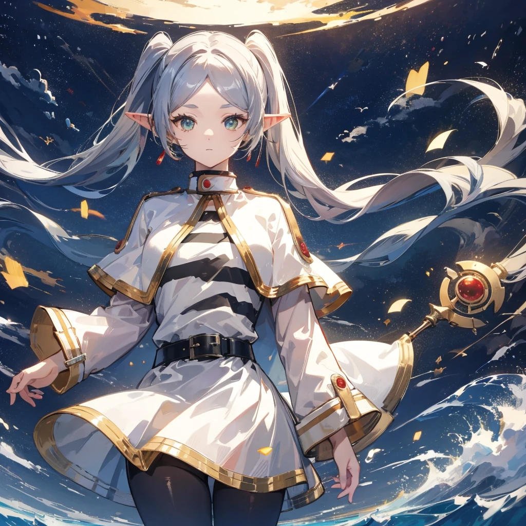 thank you, Long Hair, Gray Hair, Twin tails, Pointed Ears, Earrings, Thick eyebrows, White capelet, Striped shirt, Long sleeve, belt, White Skirt, Black Pantyhose　Holding a walking stick　magic circle　magic circleからビームを出す