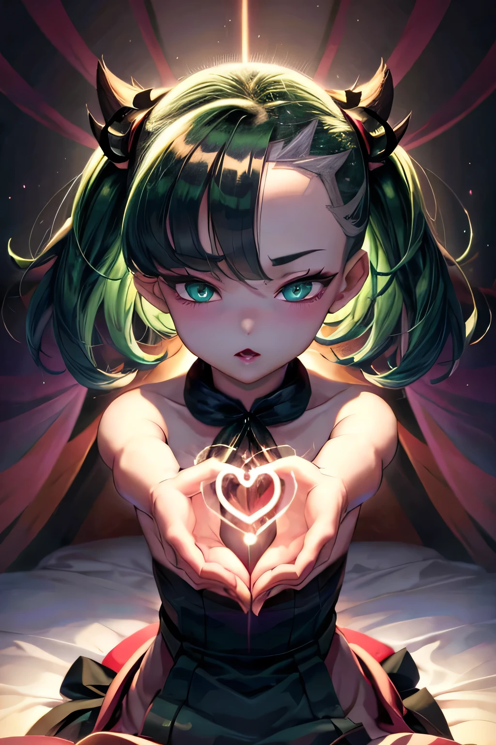 Tabletop, Highest quality,  One girl bow,Green Hair,Green Eyes(Heart Eyes),Symbol-shaped pupil, eyeball,Bedroom Background,Full nudity、The face of rutting、courtship attitude　Futanari