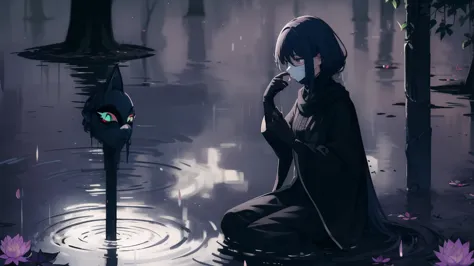 3girl, sad, sitting, (umbra-mask), (shadow-self), (dark-aura), (low-resoul-mist), (dark-lotus), ((fountain:0.9)), (water), (wate...