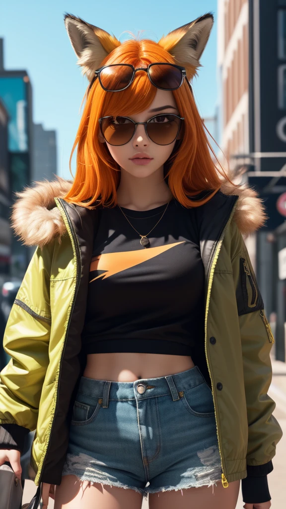 Chica zorro flaca, (gafas de sol amarillas, chaqueta verde, pantalones cortos negros, zapatillas amarillas, pelo naranja, cola de zorro), Fondo de la ciudad, ((antecedentes detallados, ropa detallada, textura de piel detallada, Detalle intrincado, muy detallado, fine details mejor calidad, cara hiperdetallada)), Tonos de colores brillantes, arte digital, hermosa iluminación, 1 chica, solo, ciberpunk, (mejor calidad,4k,8K,alta resolución,obra maestra:1.2), ultra detallado