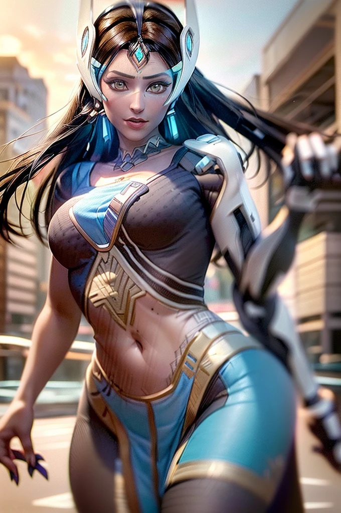 ((Realistic lighting, Best quality, 8K, Masterpiece: 1.3)), Focus: 1.2, 1girl, Perfect Body Beauty: 1.4, Slim Abs: 1.1, ((Dark Brown Hair)), (Symmetra: 1.4), (Outdoor, Night: 1.1), City Street, Super Fine Face, Fine Eyes, Double Eyelids,