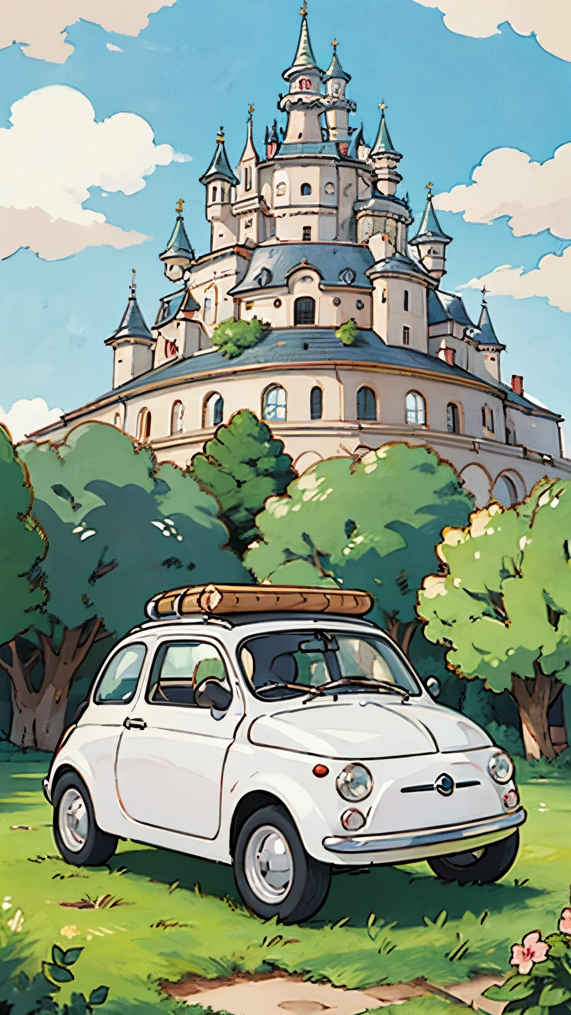 (masterpiece:1.2, Highest quality),(Very detailed),(((Anime Style))),8k,wallpaper,Fiat 500,Castle of Cagliostro,(((ghibli style)))