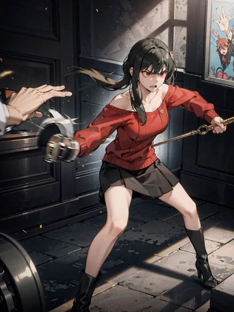 action pose, battle scenes:1.5, (yor forger), red eyes, black skirt, red off shoulder sweater, (big breasts), morning, ((fightin...