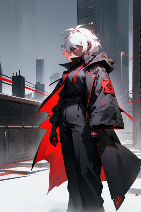 1female, white hair, dark skin, hair over eyes, messy hair, red oversized coat, black baggy shirt, bandaged coat, black pants, c...