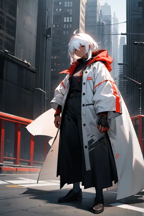 1female, white hair, dark skin, hair over eyes, messy hair, red oversized coat, black baggy shirt, bandaged coat, black pants, c...