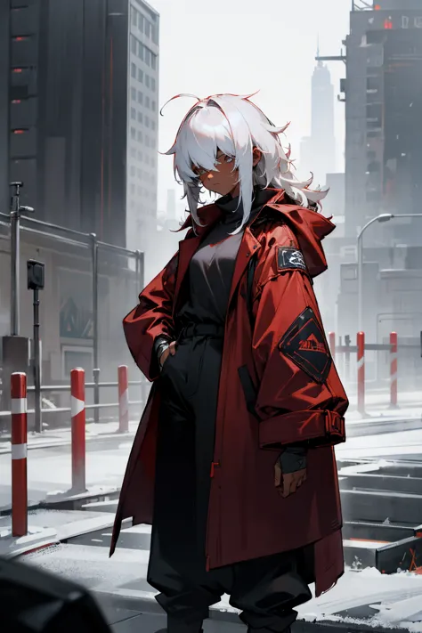 1female, white hair, dark skin, hair over eyes, messy hair, red oversized coat, black baggy shirt, bandaged coat, black pants, c...