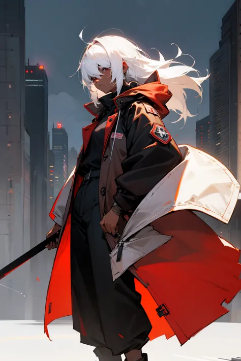 1female, white hair, dark skin, hair over eyes, messy hair, red oversized coat, black baggy shirt, bandaged coat, black pants, c...