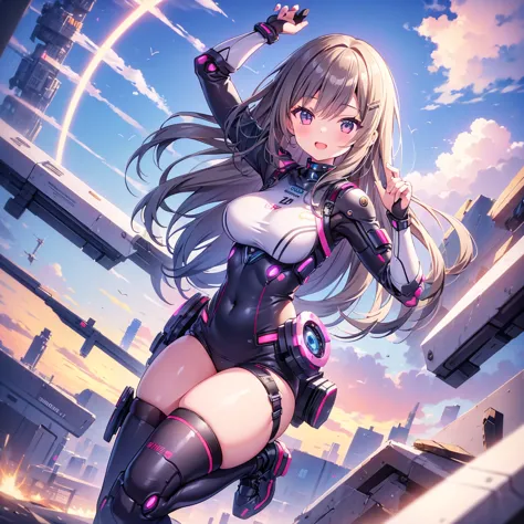 (Better Quality, masterpiece), One Girl, (Android), Technical Armor, Happy, Flashed,  Fly away, Accentuate your breasts, Sexy po...