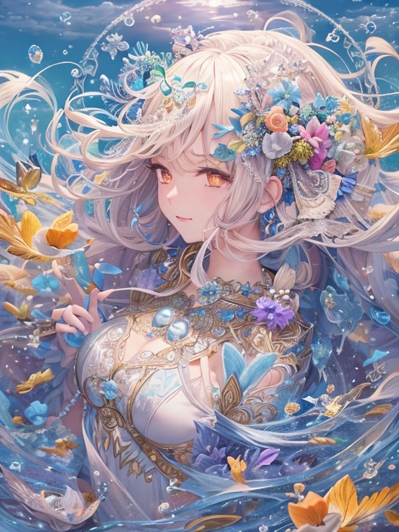 Ocean Goddess、((Highest quality)),(Ultra-high resolution),(Very detailed),(Detailed Description),((The best CG)),(masterpiece),Ultra-precise art,(Fantasy art with intricate detail:1.5), Shining World, A kind smile、Ocean, Very detailed, Dynamic English, Cowboy Shot, The most beautiful form of chaos, elegant, Brutalist design, Bright colors, Romanticism, Ocean Bubbles, bubble, shell, fish, pearl 、Pastel colors, warm and gentle expression