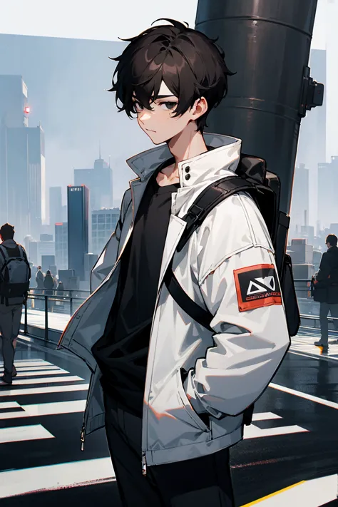 1male, dark hair, black eyes, nonchalant, white jacket, black shirt, baby tiger on shoulder, backpack, companion, city backgroun...