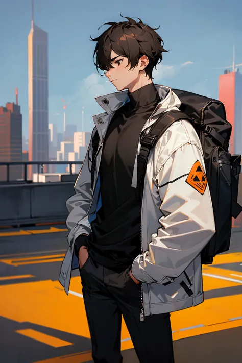 1male, dark hair, black eyes, nonchalant, white jacket, black shirt, baby tiger on shoulder, backpack, companion, city backgroun...