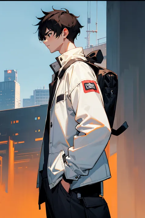 1male, dark hair, black eyes, nonchalant, white jacket, black shirt, baby tiger on shoulder, backpack, companion, city backgroun...