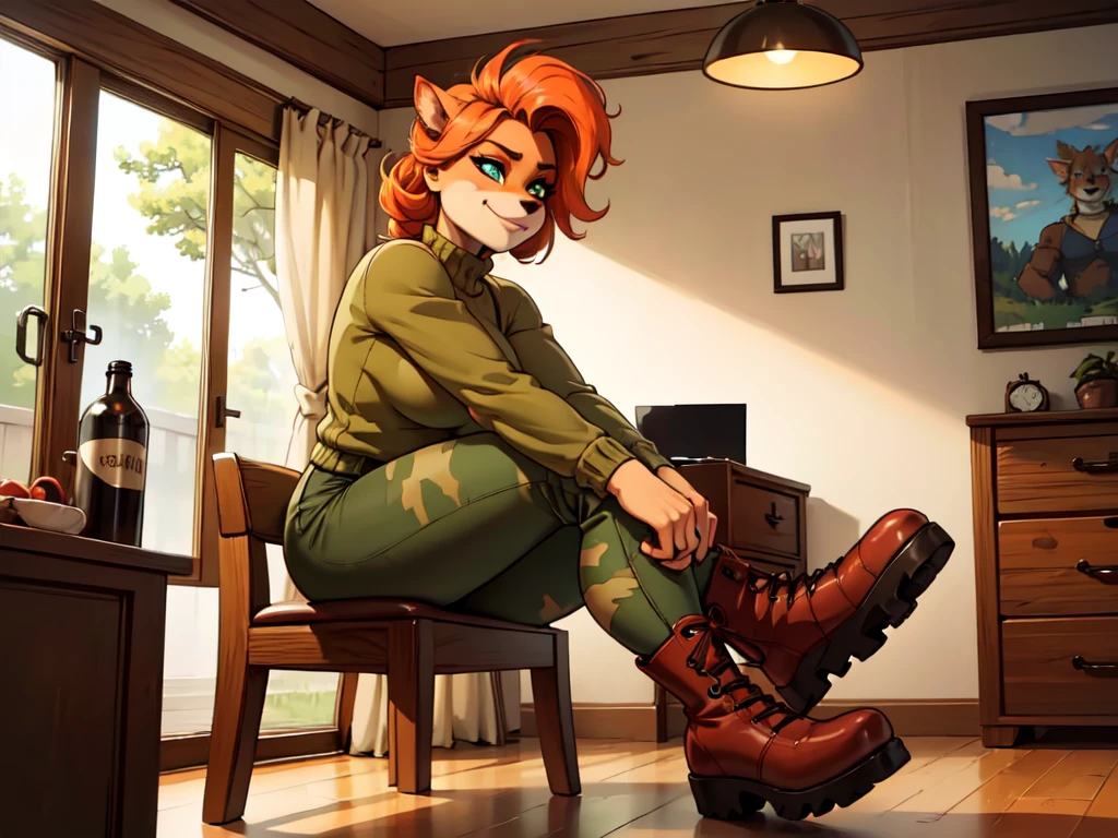 (best quality,4k,8k,highres,masterpiece:1.2),ultra-detailed,realistic:1.37,portrait,anthro bandicoot girl redhead, braided hair, beautiful green eyes, relaxing moment, sexy ,seductive, warm sweater, camouflage pants, army boots, smirking, cozy lighting, vibrant colors , girl anthro , sweater, camouflage pants, army boots, hands to boots