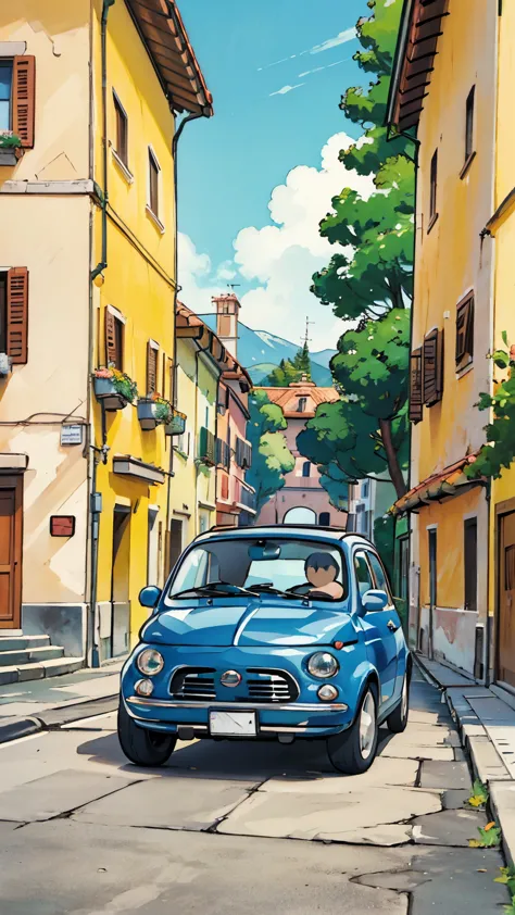 (masterpiece:1.2, Highest quality),(Very detailed),(((Anime Style))),8k,wallpaper,Fiat 500,The background behind the running is ...