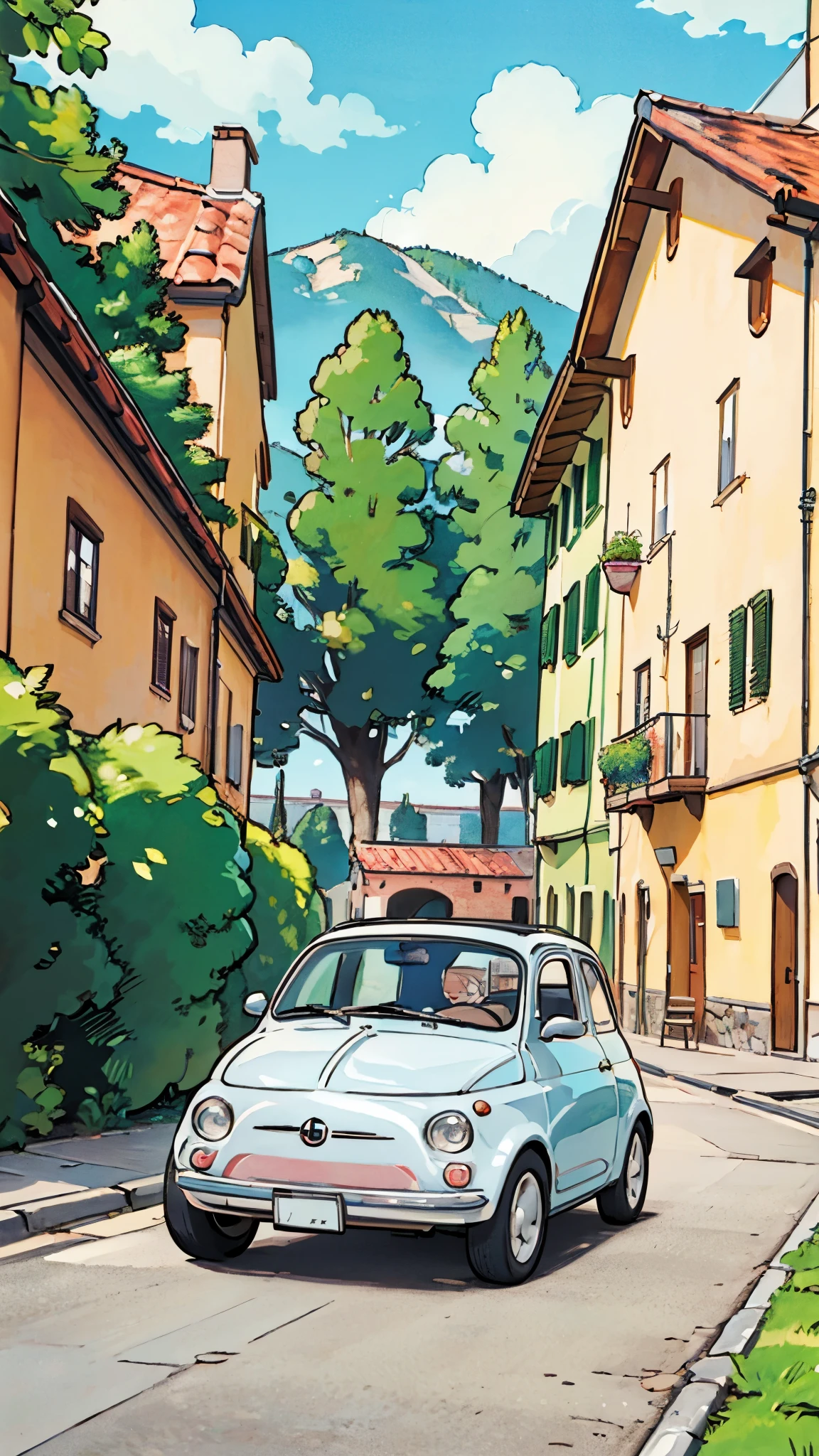 (masterpiece:1.2, Highest quality),(Very detailed),(((Anime Style))),8k,wallpaper,Fiat 500,The background behind the running is Italy,(((ghibli style)))