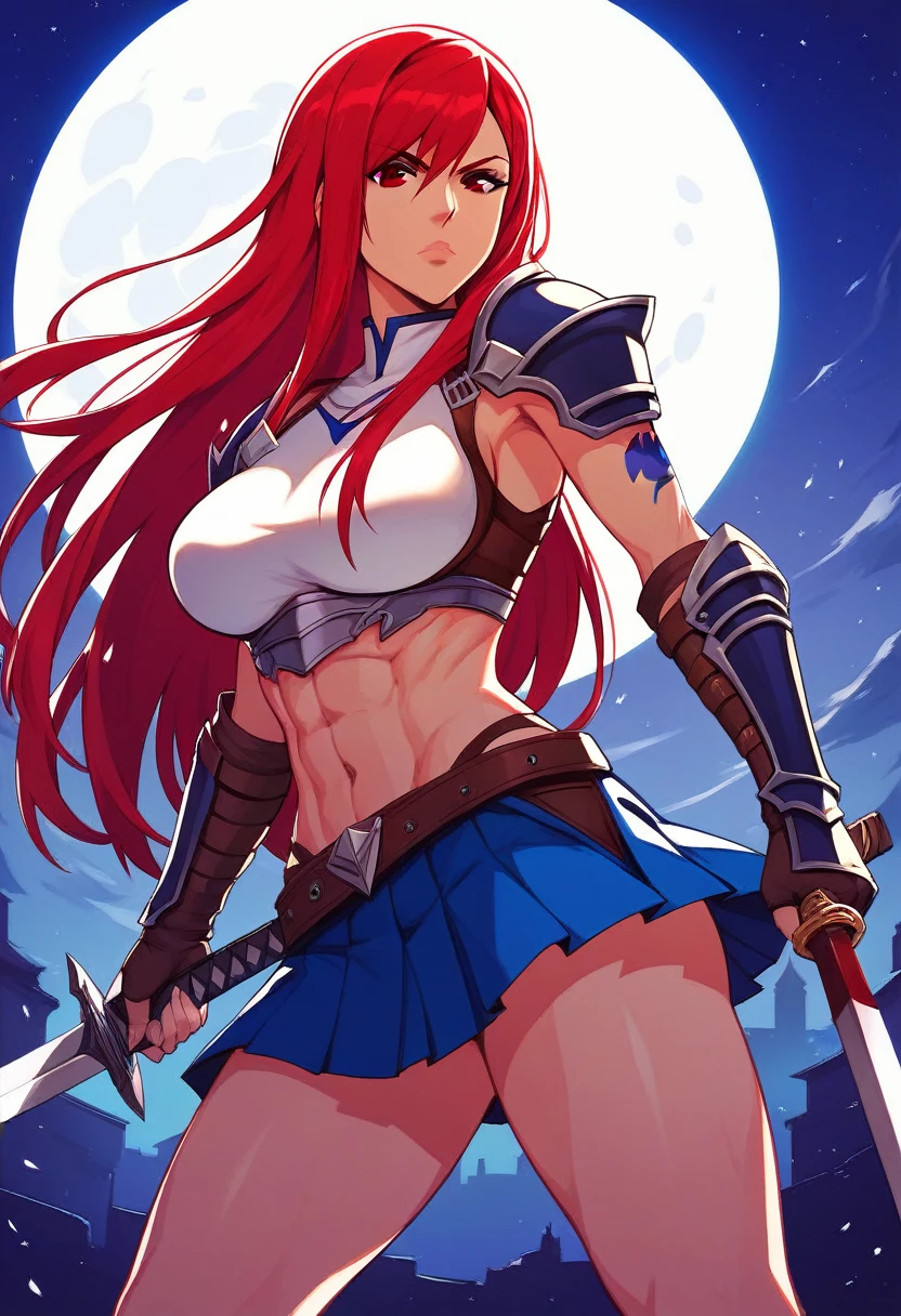 Erza, holding sword, serious, brown eyes, pauldrons,blue skirt, tattoo, gloves, breastplate, 1girl, gauntlets, belt,pleated skirt, holding weapon, red hair, shoulder armor, looking at viewer, night time, full moon, village, torches, 
,masterpiece, best quality,animerza