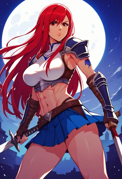 erza, holding sword, serious, brown eyes, pauldrons,blue skirt, tattoo, gloves, breastplate, 1girl, gauntlets, belt,pleated skir...