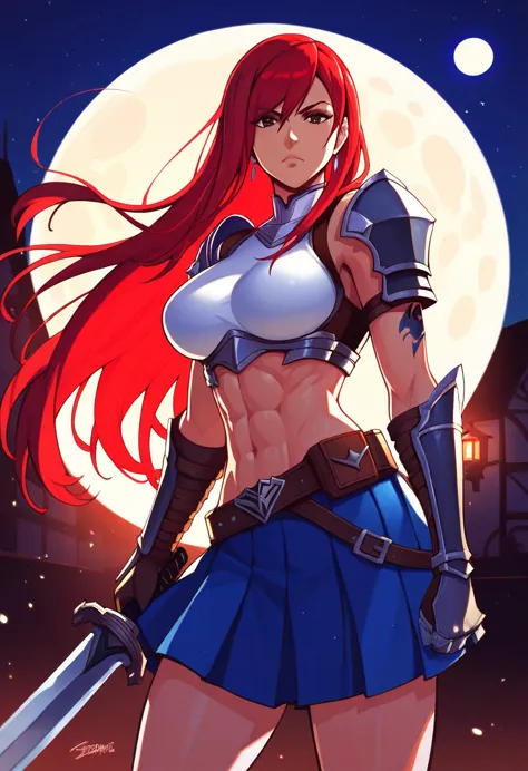 erza, holding sword, serious, brown eyes, pauldrons,blue skirt, tattoo, gloves, breastplate, 1girl, gauntlets, belt,pleated skir...