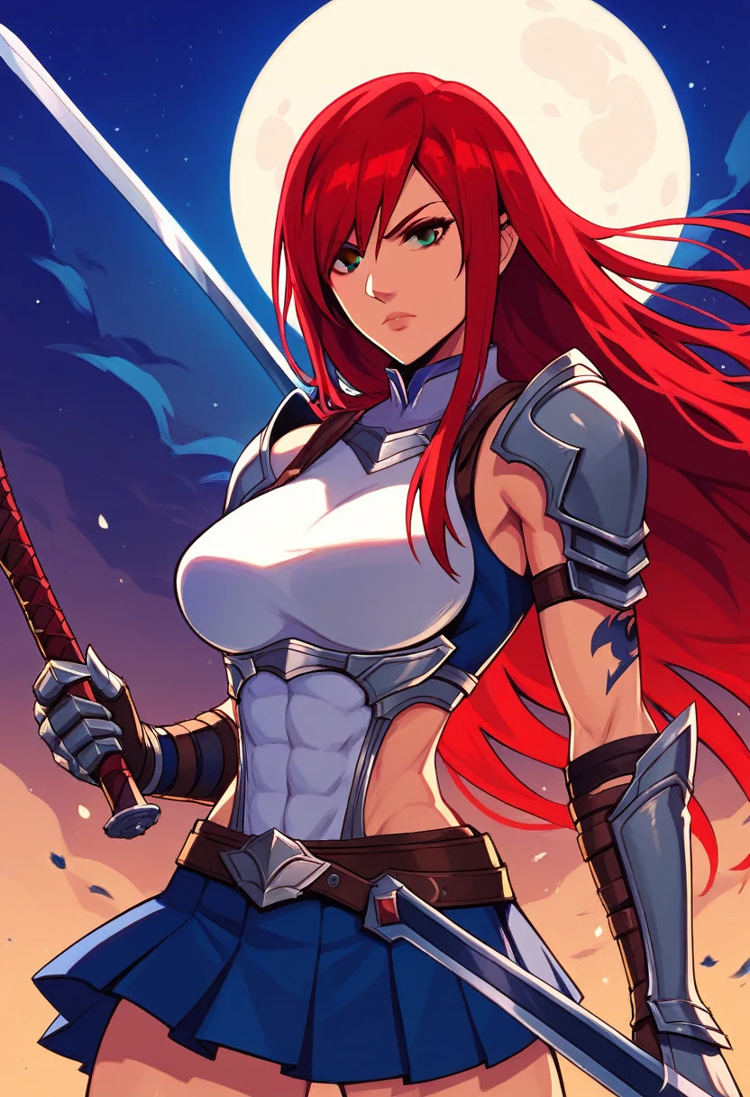 Erza, holding sword, serious, brown eyes, pauldrons,blue skirt, tattoo, gloves, breastplate, 1girl, gauntlets, belt,pleated skirt, holding weapon, red hair, shoulder armor, looking at viewer, night time, full moon, village, torches, ,masterpiece, best quality,animerza, upper body, highres