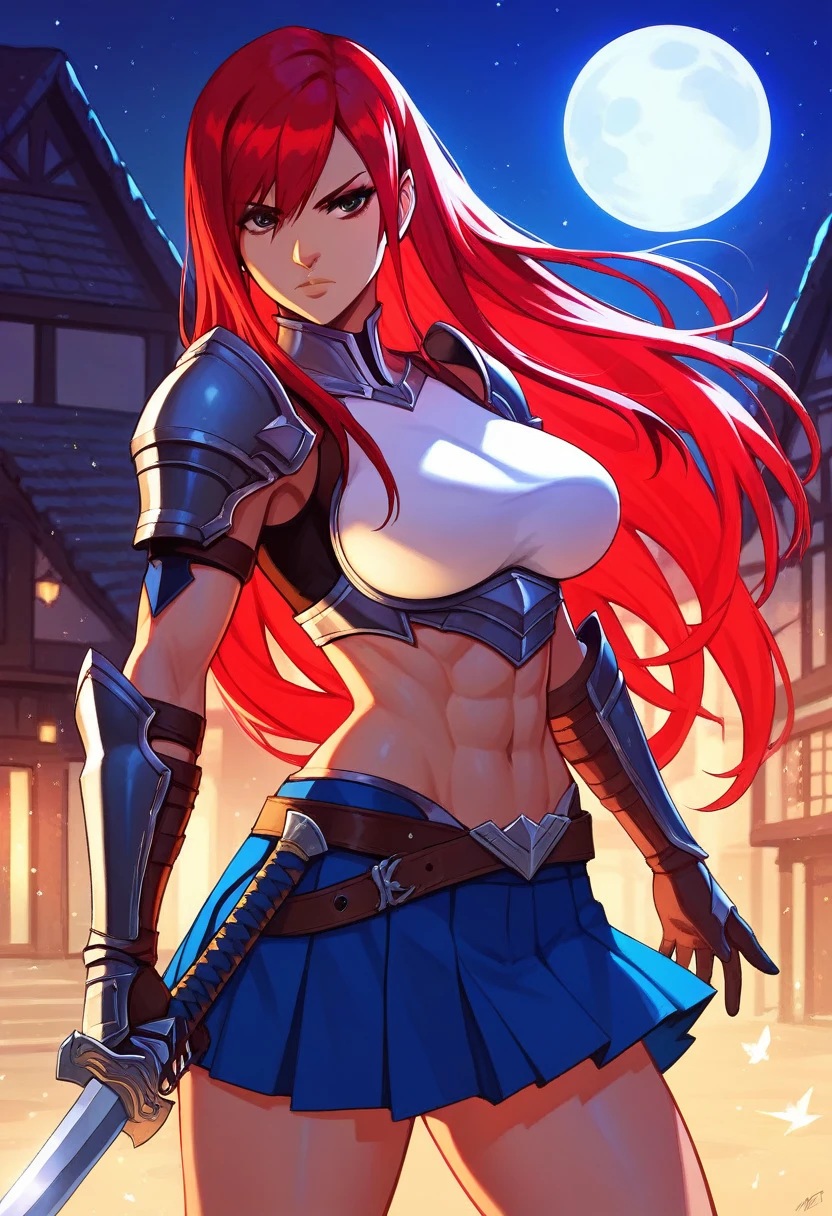 Erza, holding sword, serious, brown eyes, pauldrons,blue skirt, tattoo, gloves, breastplate, 1girl, gauntlets, belt,pleated skirt, holding weapon, red hair, shoulder armor, looking at viewer, night time, full moon, village, torches, ,masterpiece, best quality,animerza, upper body, highres