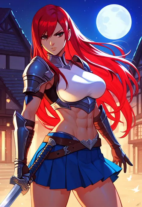 erza, holding sword, serious, brown eyes, pauldrons,blue skirt, tattoo, gloves, breastplate, 1girl, gauntlets, belt,pleated skir...