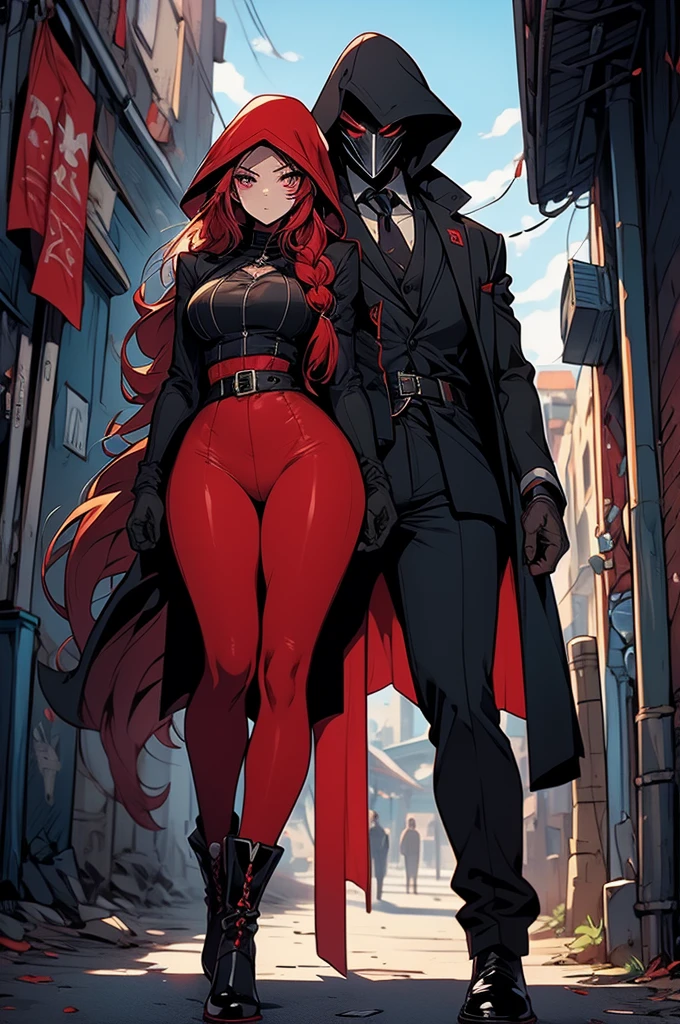 (best quality), masterpiece, full body shot, anime, NSFW, ecchi, perfect body, 1girl, female, curvy, skinny, (fair skin), freckles, red braided hair, black hood, black raven mask, (unique red mask eyes), plague doctor, super villain, super villain suit, black and red suit, feathers, gloves, boots, scythes, shadow magic, stylized suit symbol, futuristic style, dynamic pose, back alley, futuristic alleyway background, nighttime