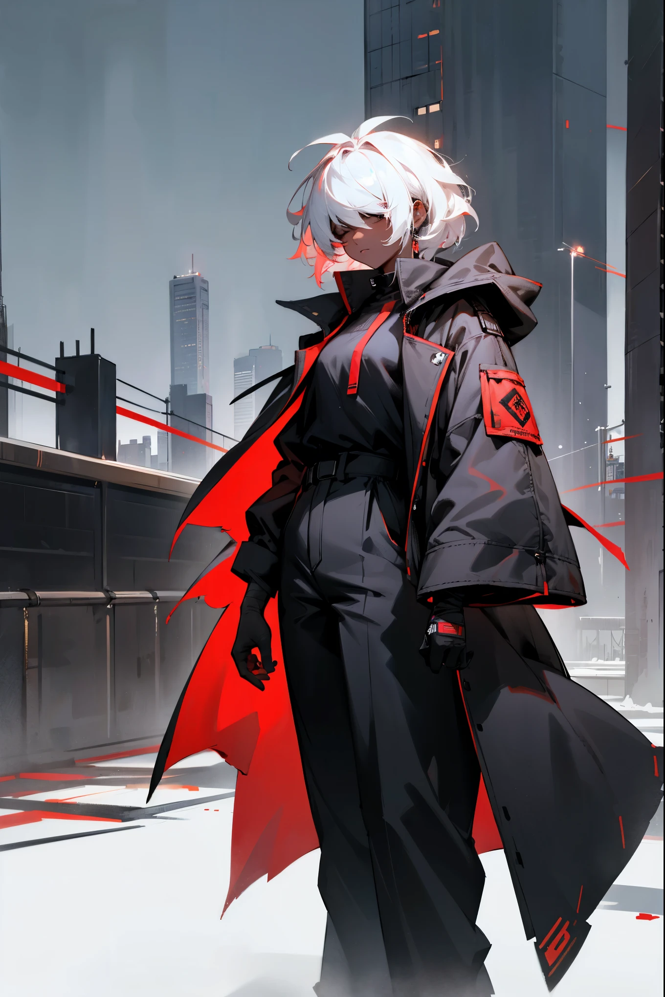 1female, white hair, dark skin, hair over eyes, messy hair, red oversized coat, black baggy shirt, bandaged coat, black pants, city background, detailed background, hands to side, standing on path