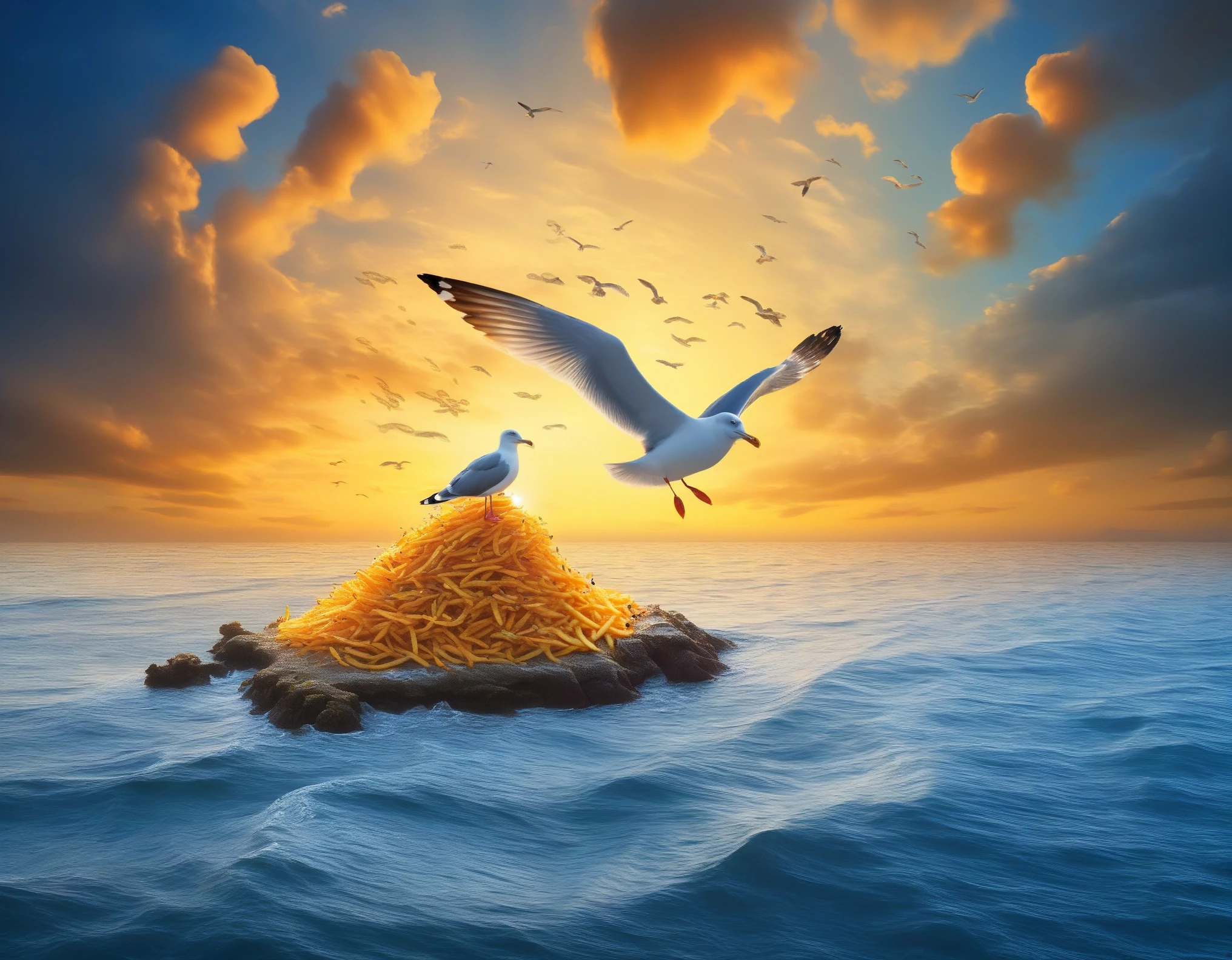 Concept art, islets made of small fish, seagull and fries, (seagull with small fish in its mouth), sunset, swirling clouds, mysterious sky, illustrated in oil, high contrast,