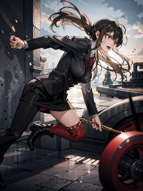 action pose, battle scenes:1.5, (yor forger), red eyes, black skirt, red off shoulder sweater, (big breasts), morning, ((fightin...