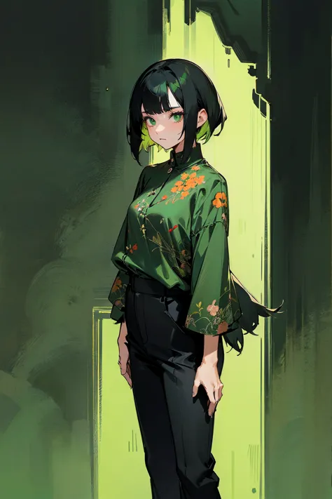 1female, black hair, two tone hair, oumbre hair, green hair, green eyes, expressionless, black and green floral shirt design, bl...