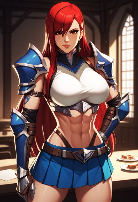 erza, brown eyes, pauldrons,blue skirt, tattoo, gloves, breastplate, 1girl, gauntlets, belt,pleated skirt, , red hair, shoulder ...