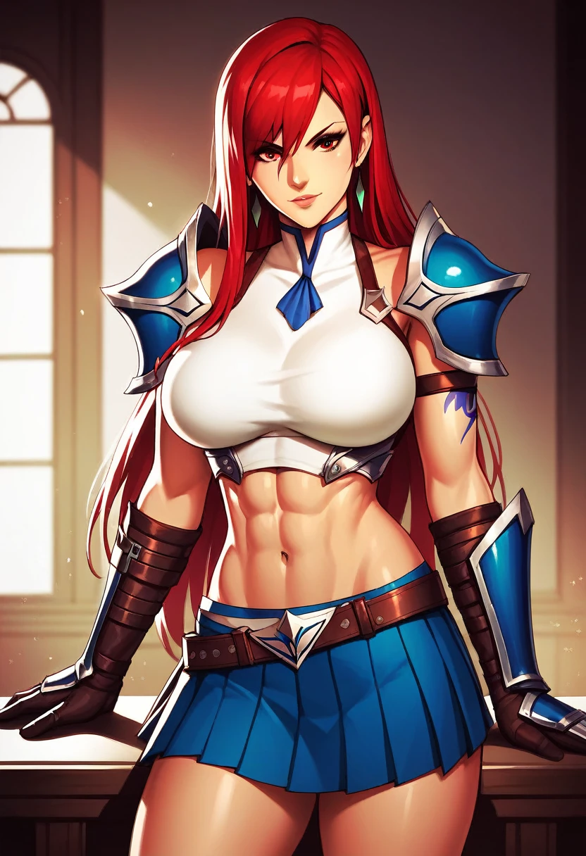 Erza, brown eyes, pauldrons,blue skirt, tattoo, gloves, breastplate, 1girl, gauntlets, belt,pleated skirt, , red hair, shoulder armor, looking at viewer,  ,masterpiece, best quality,animerza, upper body, highres, room, big breasts, navel, indoors,