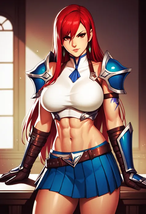 erza, brown eyes, pauldrons,blue skirt, tattoo, gloves, breastplate, 1girl, gauntlets, belt,pleated skirt, , red hair, shoulder ...