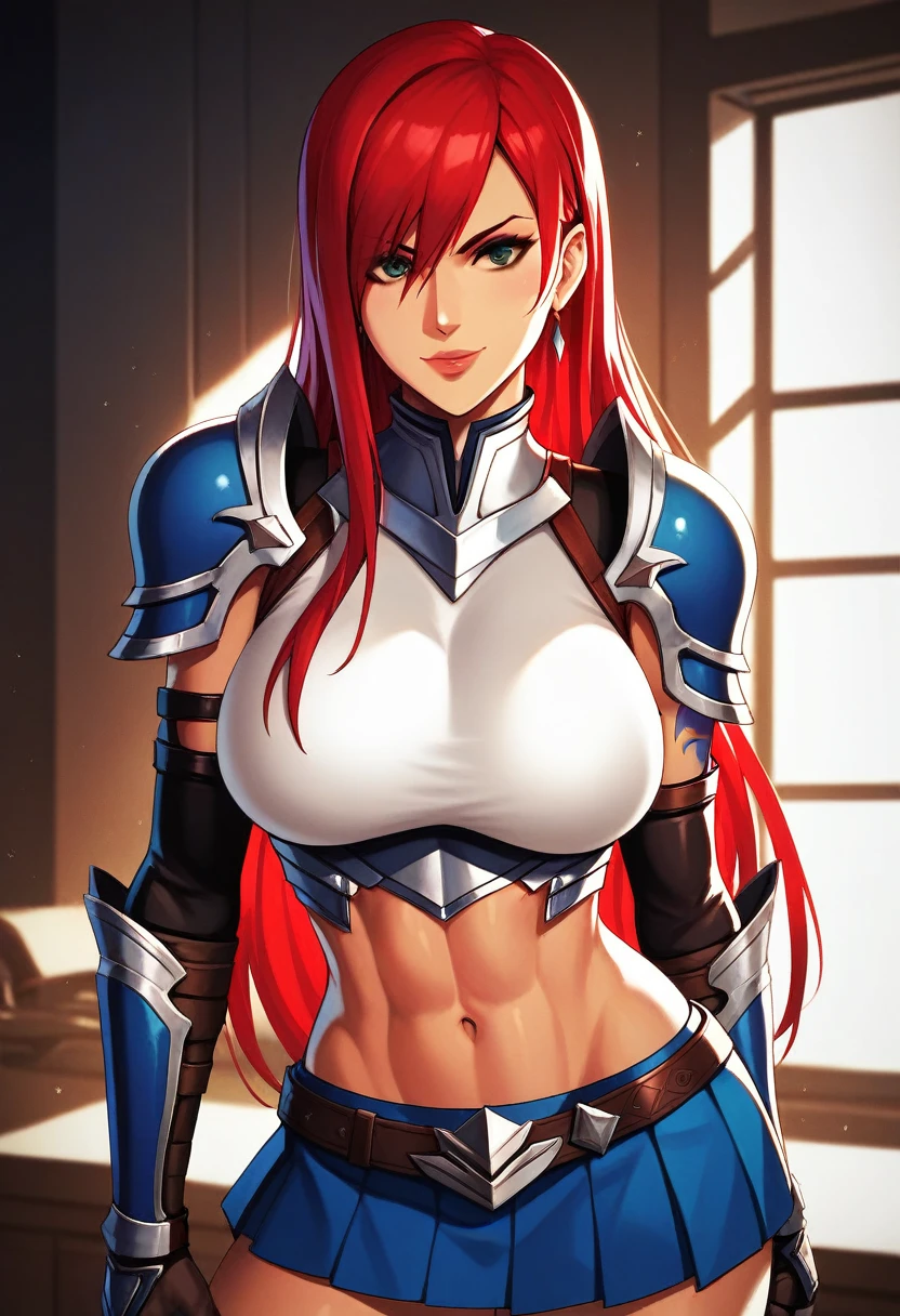 Erza, brown eyes, pauldrons,blue skirt, tattoo, gloves, breastplate, 1girl, gauntlets, belt,pleated skirt, , red hair, shoulder armor, looking at viewer,  ,masterpiece, best quality,animerza, upper body, highres, room, big breasts, navel, indoors,