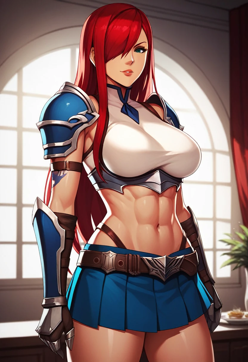 Erza, brown eyes, pauldrons,blue skirt, tattoo, gloves, breastplate, 1girl, gauntlets, belt,pleated skirt, , red hair, shoulder armor, looking at viewer,  ,masterpiece, best quality,animerza, upper body, highres, room, big breasts, navel, indoors,