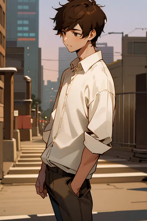 1male, brown hair, messy short hair, blank eyes, lost hope, white shirt, baggy brown pants, city background, detailed background...