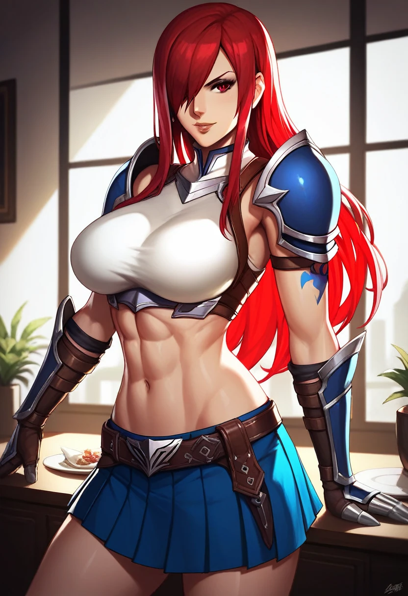 Erza, brown eyes, pauldrons,blue skirt, tattoo, gloves, breastplate, 1girl, gauntlets, belt,pleated skirt, , red hair, shoulder armor, looking at viewer, ,masterpiece, best quality,animerza, upper body, highres, room, big breasts, navel, indoors, brown eyes,   hair over one eye