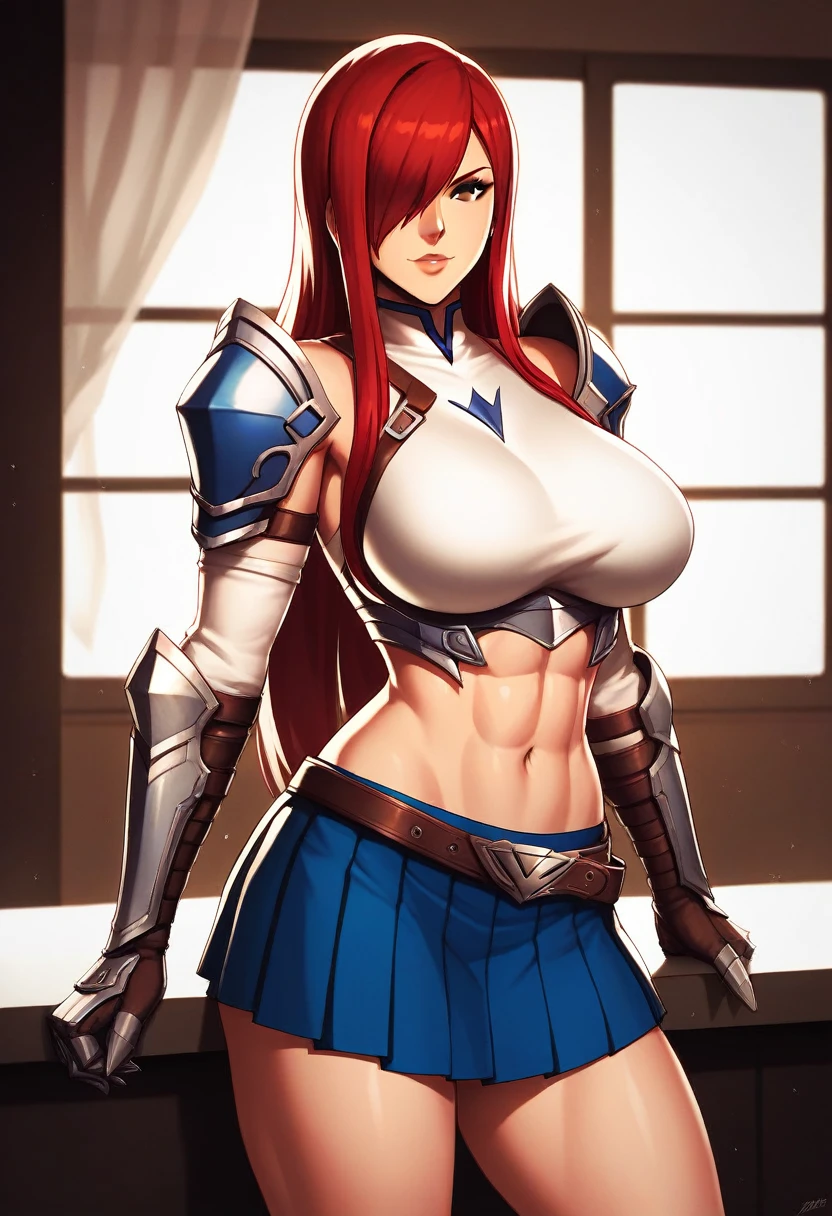 Erza, brown eyes, pauldrons,blue skirt, tattoo, gloves, breastplate, 1girl, gauntlets, belt,pleated skirt, , red hair, shoulder armor, looking at viewer, ,masterpiece, best quality,animerza, upper body, highres, room, big breasts, navel, indoors, brown eyes,   hair over one eye