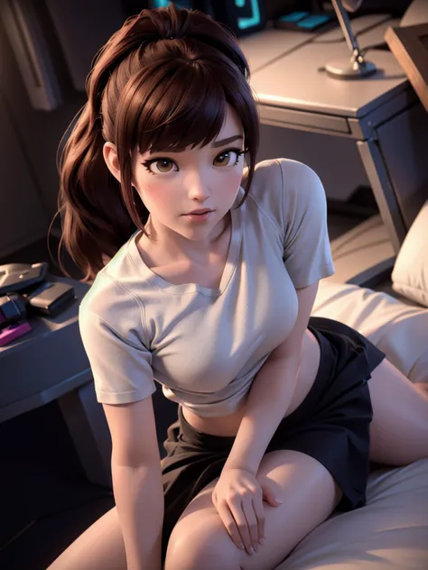((DVA from Overwatch)) without her mech, a woman with short brown hair in a (ponytail),she sits on her bed with her legs spread,...