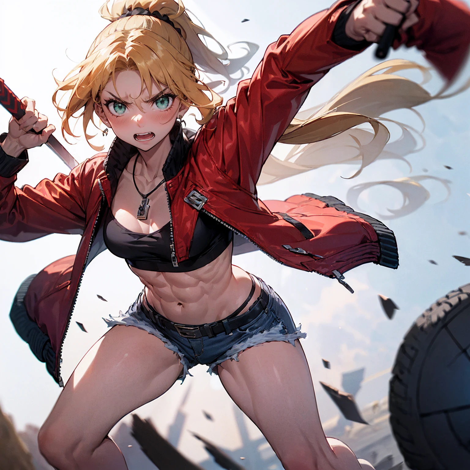 ((One Woman:2)), (Red jacket：1.9 )、((Battle Scenes：1.３, Swinging his sword violently,Dynamic Pose, Dynamic Action,Tight chest tops, Two-handed sword swinging pose)) , （Green Eyes:1.3）、Blonde Hair、ponytail、short hair、Scrunchie、赤いScrunchie、ヘアScrunchie、(赤いJacket:1.3)、denim、denimShorts、Jacket、jewelry、Abdominal muscles、Sturdy body、belly button、necklace、(赤い革Jacket)、Shorts、Shorts、Tube top、White top、,(Perfect hands),(Perfect Anatomy, complete hand depiction),(masterpiece),(Highest quality),　Angry face：1.３
