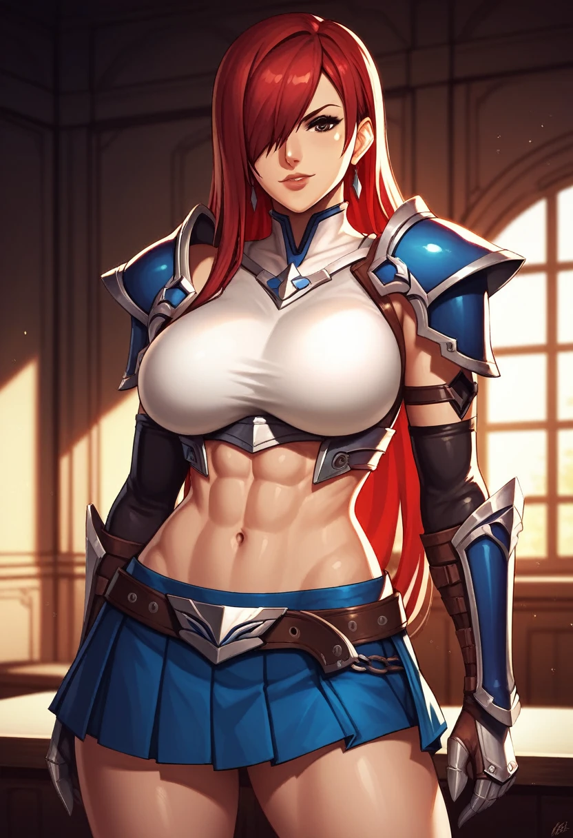 Erza, brown eyes, pauldrons,blue skirt, tattoo, gloves, breastplate, 1girl, gauntlets, belt,pleated skirt, , red hair, shoulder armor, looking at viewer, ,masterpiece, best quality,animerza, upper body, highres, room, big breasts, navel, indoors, hair over one eye,
