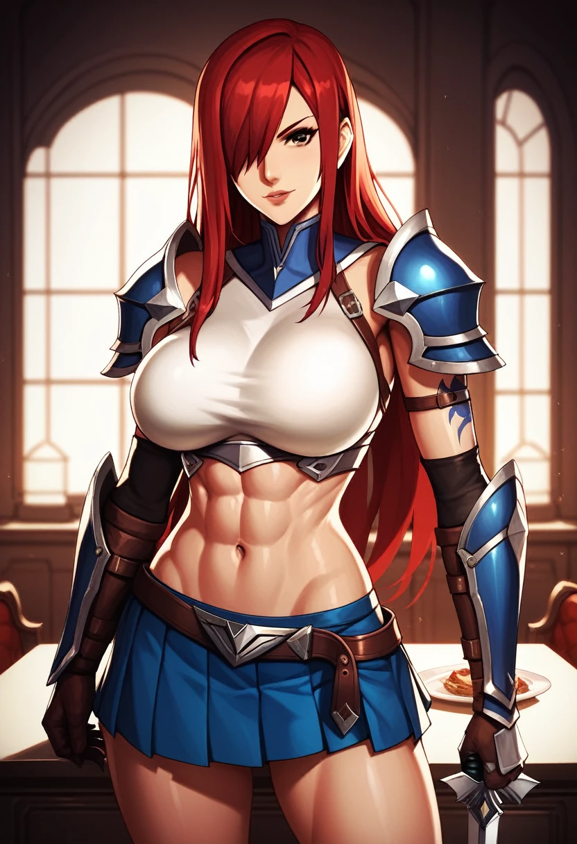 Erza, brown eyes, pauldrons,blue skirt, tattoo, gloves, breastplate, 1girl, gauntlets, belt,pleated skirt, , red hair, shoulder armor, looking at viewer, ,masterpiece, best quality,animerza, upper body, highres, room, big breasts, navel, indoors, hair over one eye,
